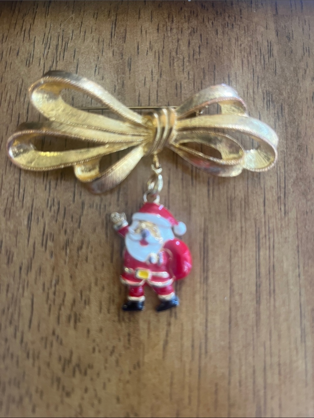 Vintage Gold Bow Brooch with Cute Santa Charm, Phister 1998